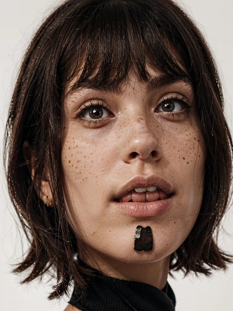 Irregularly distributed a small number of light-colored freckles on the cheekbones