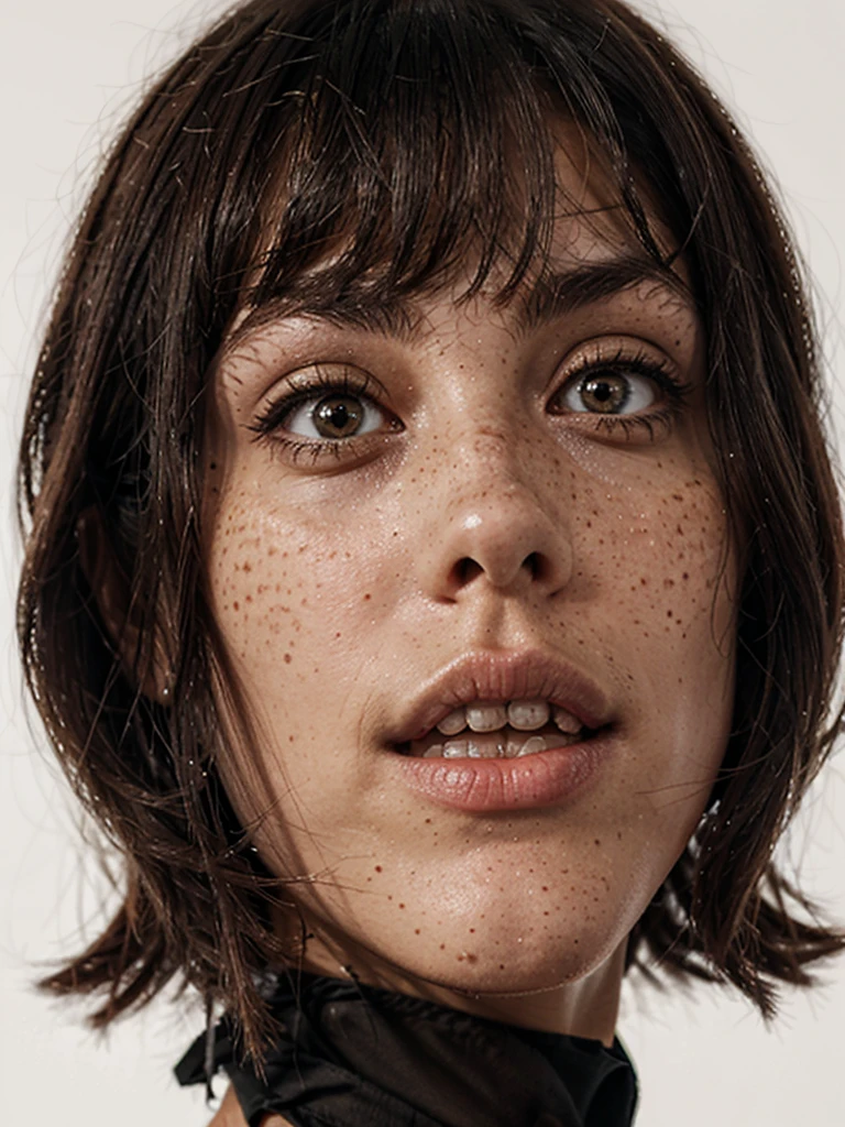 Irregularly distributed a small number of light-colored freckles on the cheekbones