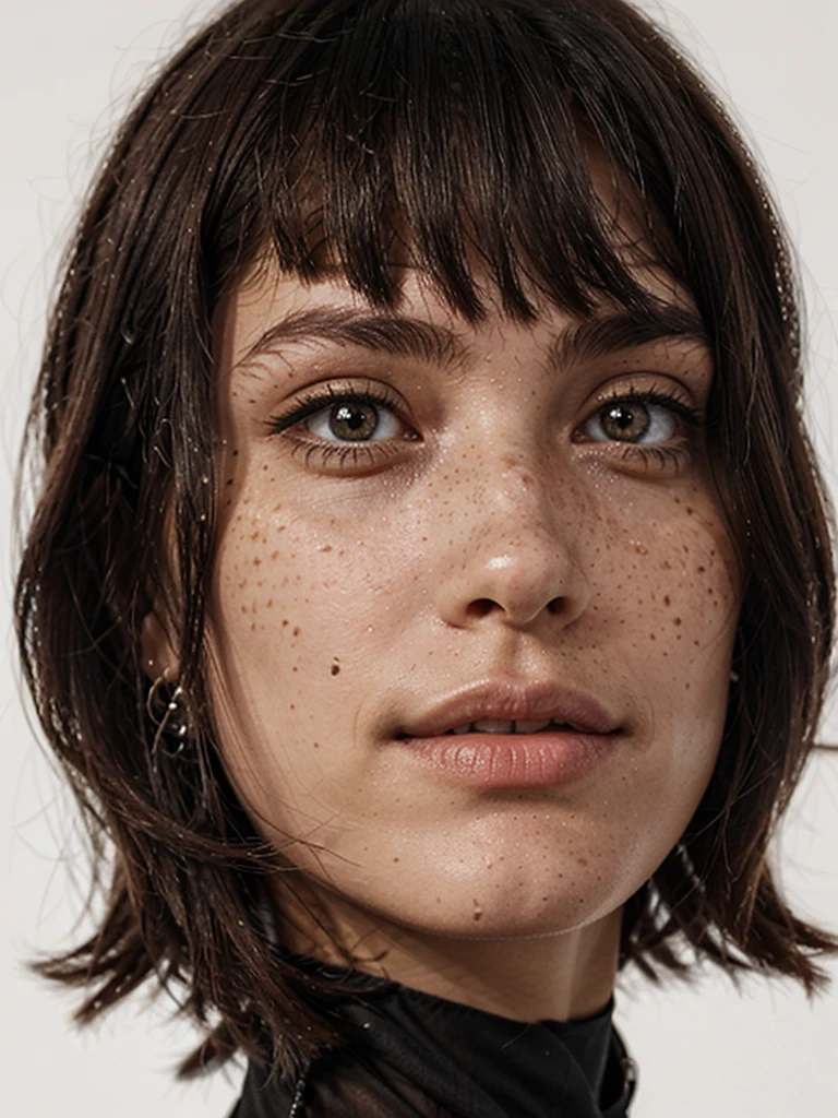 Irregularly distributed a small number of light-colored freckles on the cheekbones