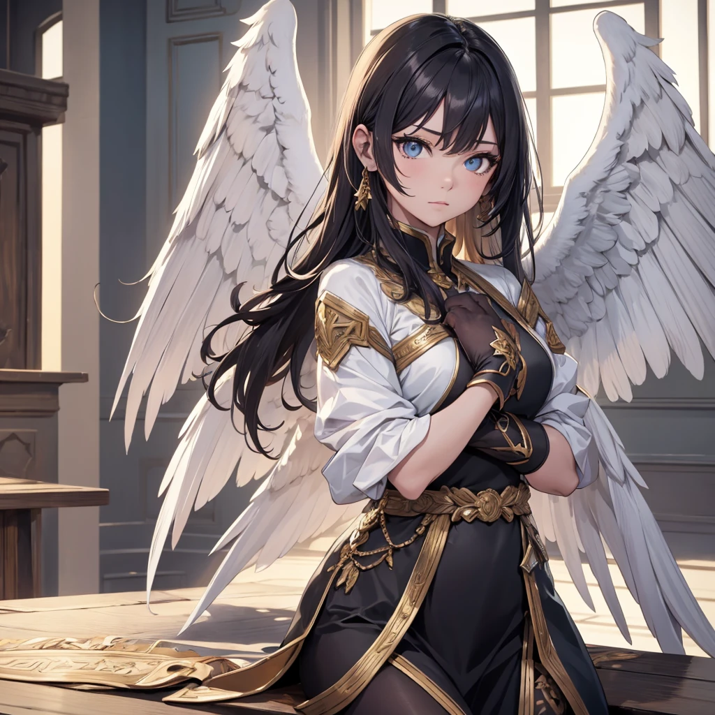 ((On the table, best quality)), Delicate face, Character Design Sheet，whole body, Perfect proportion，Rich in details, Multiple poses and expressions, Very detailed, Martial Arts Girl，1Girl with black wings，Gradient hair color，Golden，Delicate eyes, see through，1 Angel Wings Girl，cloud，High balance, Halo，Natural light，Starlight decoration，Background greek temple