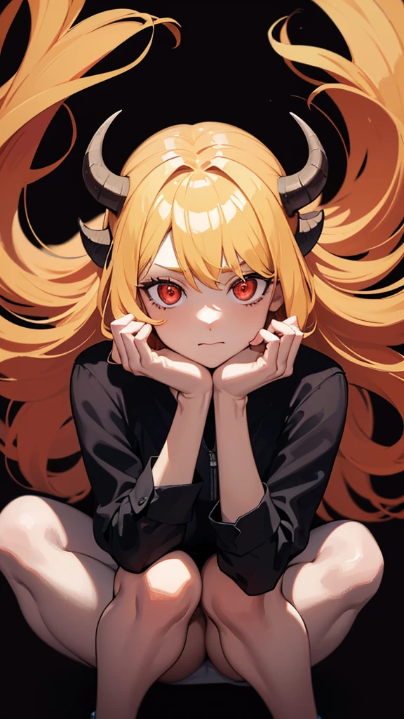 Portrait of a fascinated demon girl, red glowing eyes, blonde windy hair, crouching, hands on face. Darkness background, torn bandage