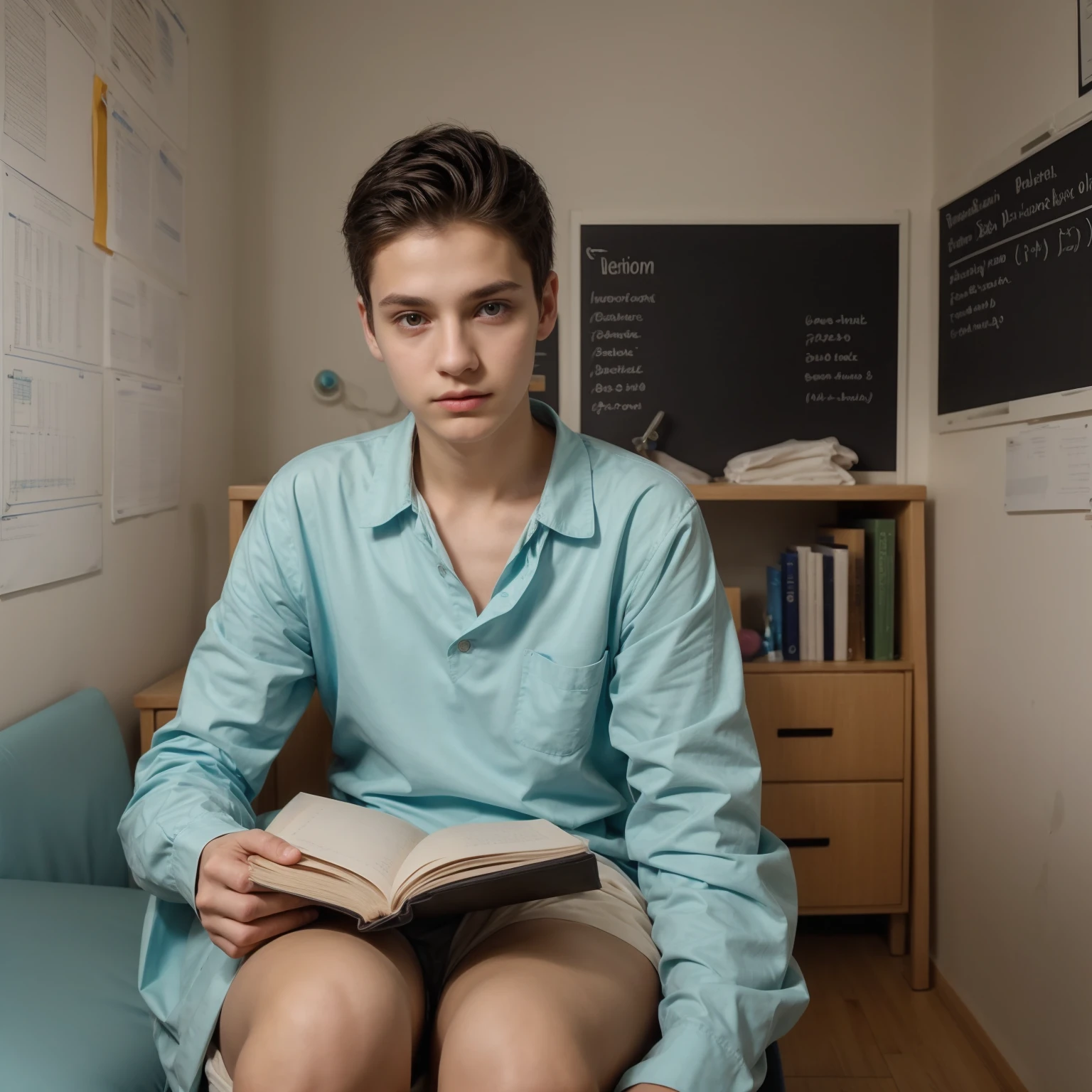 A young male twink, cute, beautiful, feminine, with a beautiful face with makeup, black hair, and his eyes have dark circles under them. He is wearing a long-sleeved aquamarine shirt and white jeans. He is in the College of Medicine, studying on the blackboard with brain written on it. He is sitting at a desk with scientific books on it. Medical and brain manuscripts.