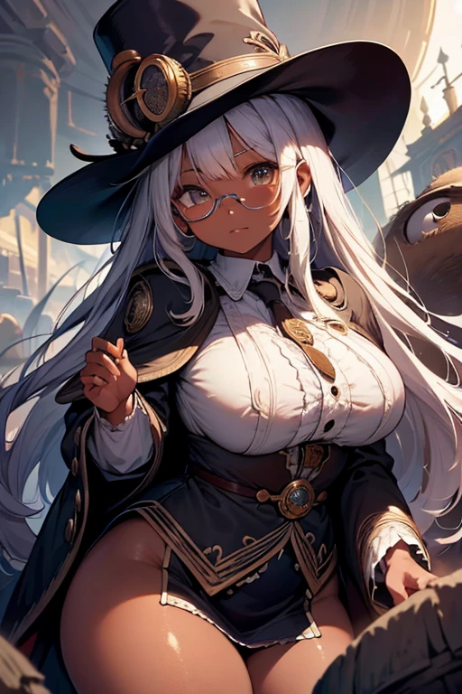 (masterpiece:1.2),Detailed explanation, Awards, high quality, High resolution, HD, 4K,8K,high quality,(professional illustration:1.1),(Chewy breasts,tender breasts:1.3),Thighs focus,(dark skin:1.2),white hair,(li:1.1),cape,poncho,Fuzz hair,Flowing hair,military uniform,Alchemist,huge wizard hat,(hide your eyes with a hat),intricate details,elaborate embroidery,long paleo,(monocle:1.3),odd eye,pov,Junk pile,