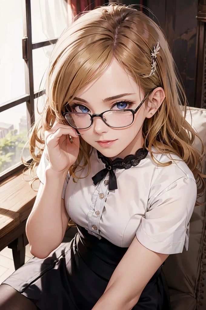 Masterpiece, 最high quality, high quality, High resolution, high quality texture, high quality shadows, High resolution, Beautiful details, Detailed CG, Detailed Texture, Realistic representation of face, Realistic, colorful, delicate, Cinematic Light, Side light, Lens flare, Ray Tracing, sharp concentrated, (1 Girl,concentrated:1.3), ( Intricate details, compensate, PureErosFaceV1:0.5), (細部まで美しいdelicateな顔, 緻密で美しいdelicateな瞳, Perfect  Proportions, Dense skin, Optimal ratio of four fingers to one thumb, Arms under chest, Modest chest, Wide Hips, Smooth upper abdomen, 30 years old, blue eyes, glasses,cabin attendant uniform,white blouse,tight fitting black skirt,black stockings, excellent secretary ,working as a secretary, wooden desk, wooden chair, house wife, the gaze of true love, lips of temptation, A look full of compassion ,a smile full of love, i love you, Acting lovey-dovey, air fortress hair, blonde hair, I love you so much I'm crazy,i love you