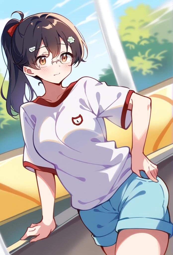 One person anime Middle school students Black hair ponytail Gentle face Rimless glasses are black Big Breasts Short Brown eyes, white shirt and navy blue shorts