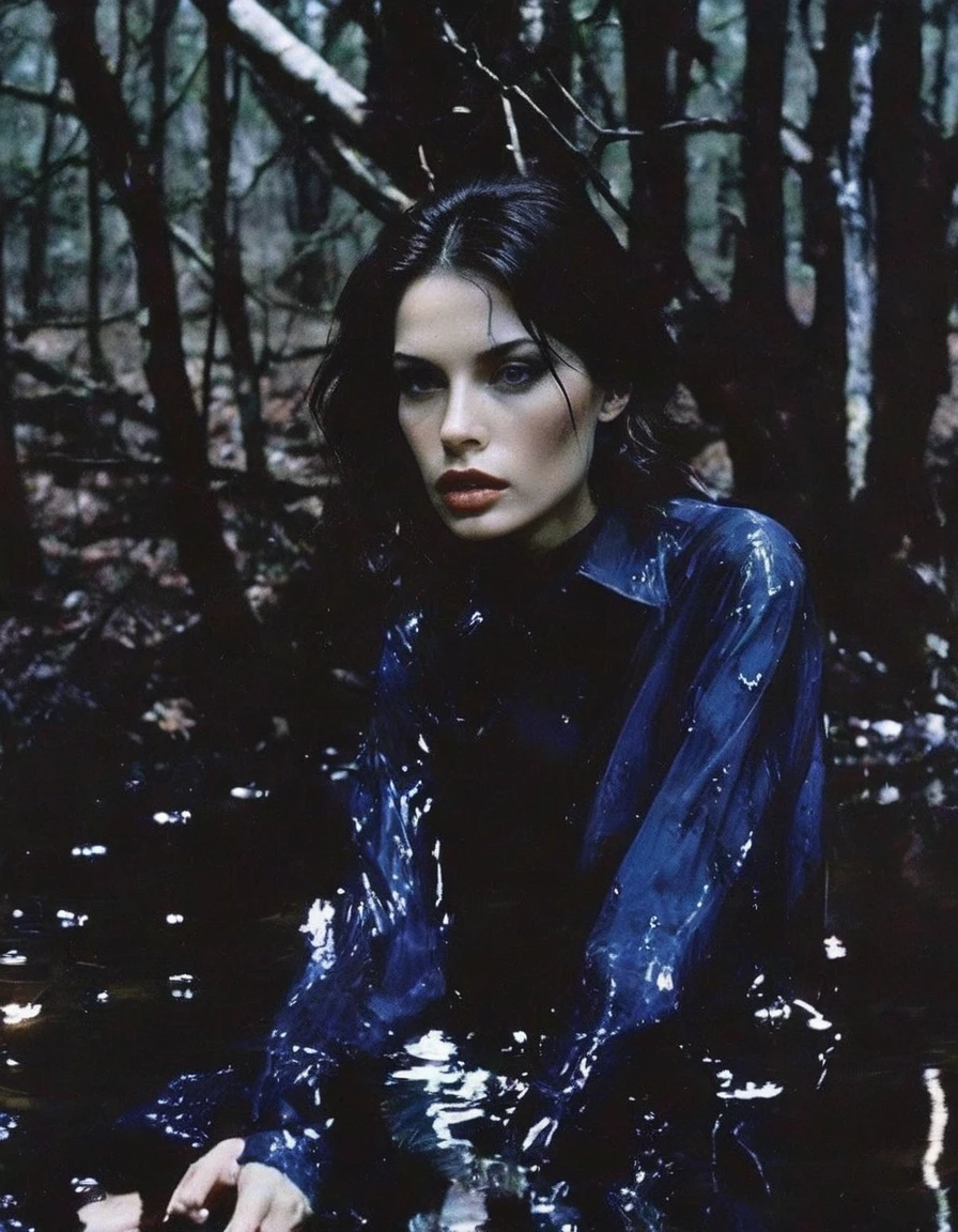 film photography, vintage, 90s beautiful fashion model in black water, dark blue forest background