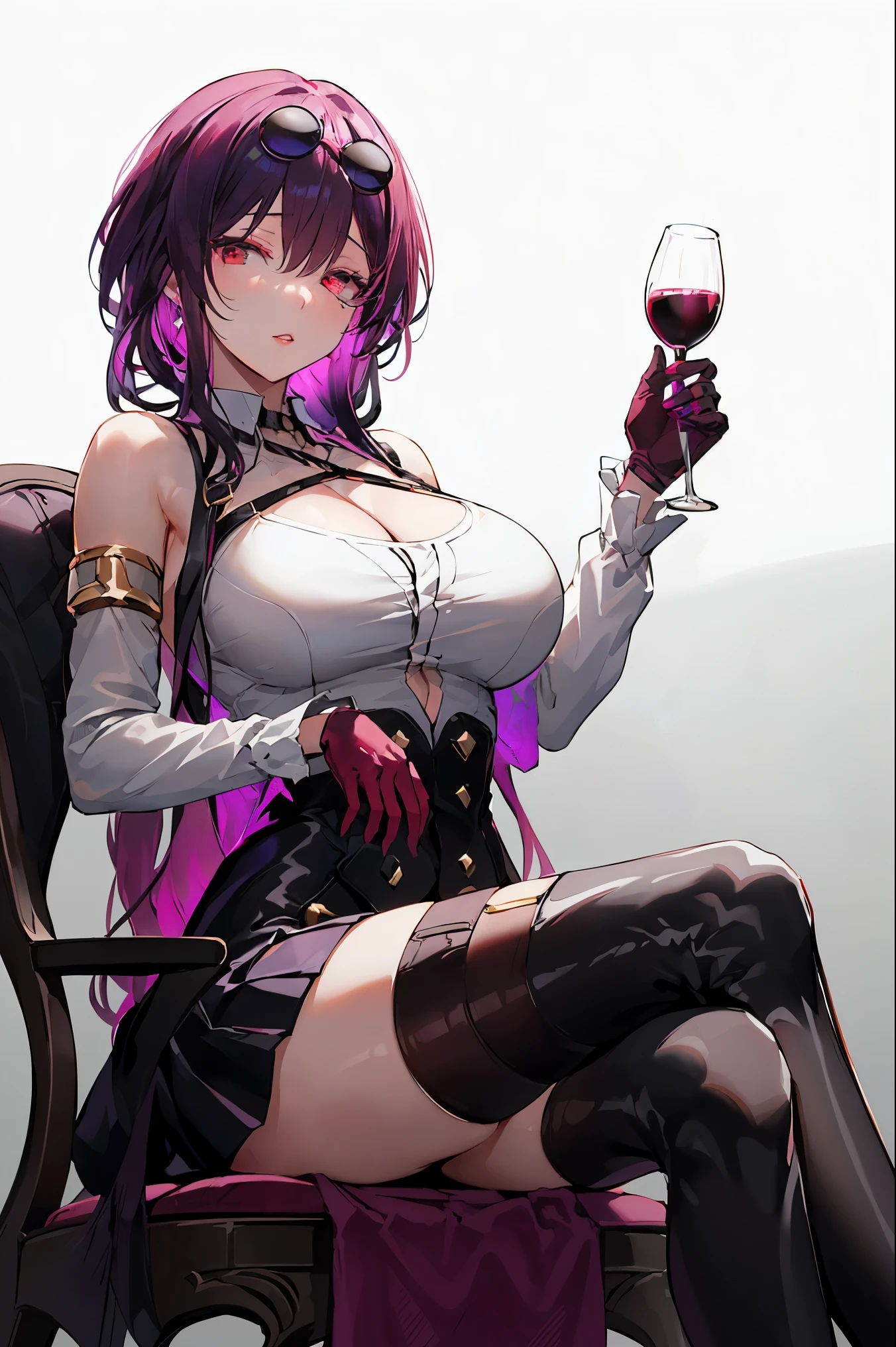 Ajof, side locks, golden hairband, hair adornments, ((Red eyes:1.5)), gold earring, Large breasts,((black hair:1.5)), 1girl, alternate costume, armlet, bare shoulders, black background, black dress, black gloves, black thighhighs, large breasts, cleavage, criss-cross halter, cup, dress, drinking glass, flower, gloves, gradient background, hair between eyes, sunglass on head, halterneck, holding, holding cup, large breasts, long hair, looking at viewer, purple hair, purple short nails, purple eyes, see-through gloves, solo, thighhighs, thighs, long hair, wine, wine glass, ((masterpiece)) pleated purple skirt, sitting,