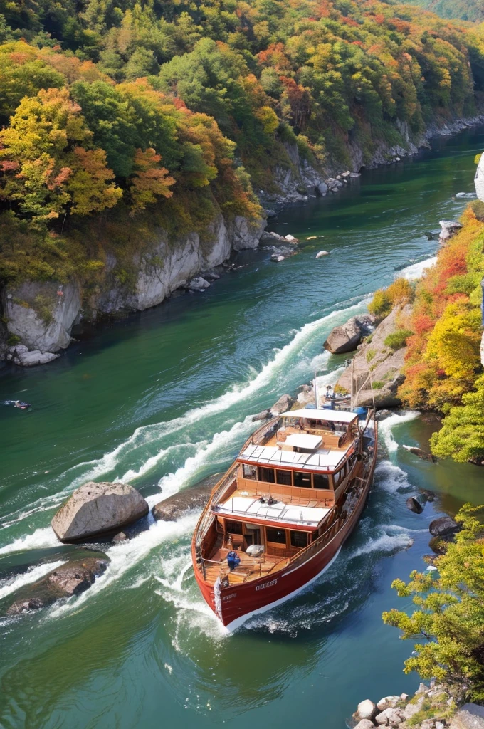 sinking boat, some people drowning, Hozugawa River Cruise, teeth, This is a tourist activity where you can enjoy the beautiful scenery dotted with rapids and huge rocks, autum, Momiji, Close-up, Splash,