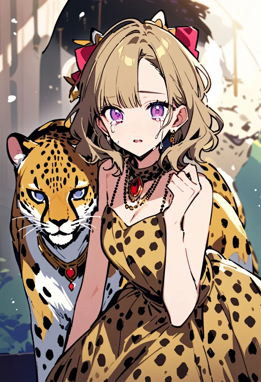 masterpiece, Highest quality, Illustration of the novel, High resolution,  , Sensual, Intimate, Emotional, Passionate, romantic, sweet, Adorable, Innocent, Pure, Charmな, Charmな, Charm, mysterious, Charmな, Charmな, Immersive, Charmな, dream-like, Surreal, Imaginative, Whimsical, Artistic, Avant-garde, timeless, elegant, Sophisticated, chic, Sophisticated, personality, original, Charmな,((  A Cheetah/A cheetah/Cheetah Dress:1.3)),((Beautiful Tears))、Upper Body、(Little)