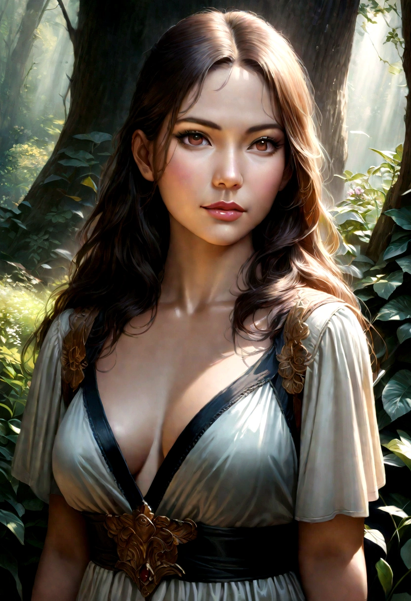 a beautiful woman, detailed face, detailed eyes, detailed lips, long flowing hair, elegant dress, standing in a lush garden, sunlight filtering through the trees, (best quality,4k,8k,highres,masterpiece:1.2),ultra-detailed,(realistic,photorealistic,photo-realistic:1.37),intricate details,vibrant colors,soft lighting,cinematic composition