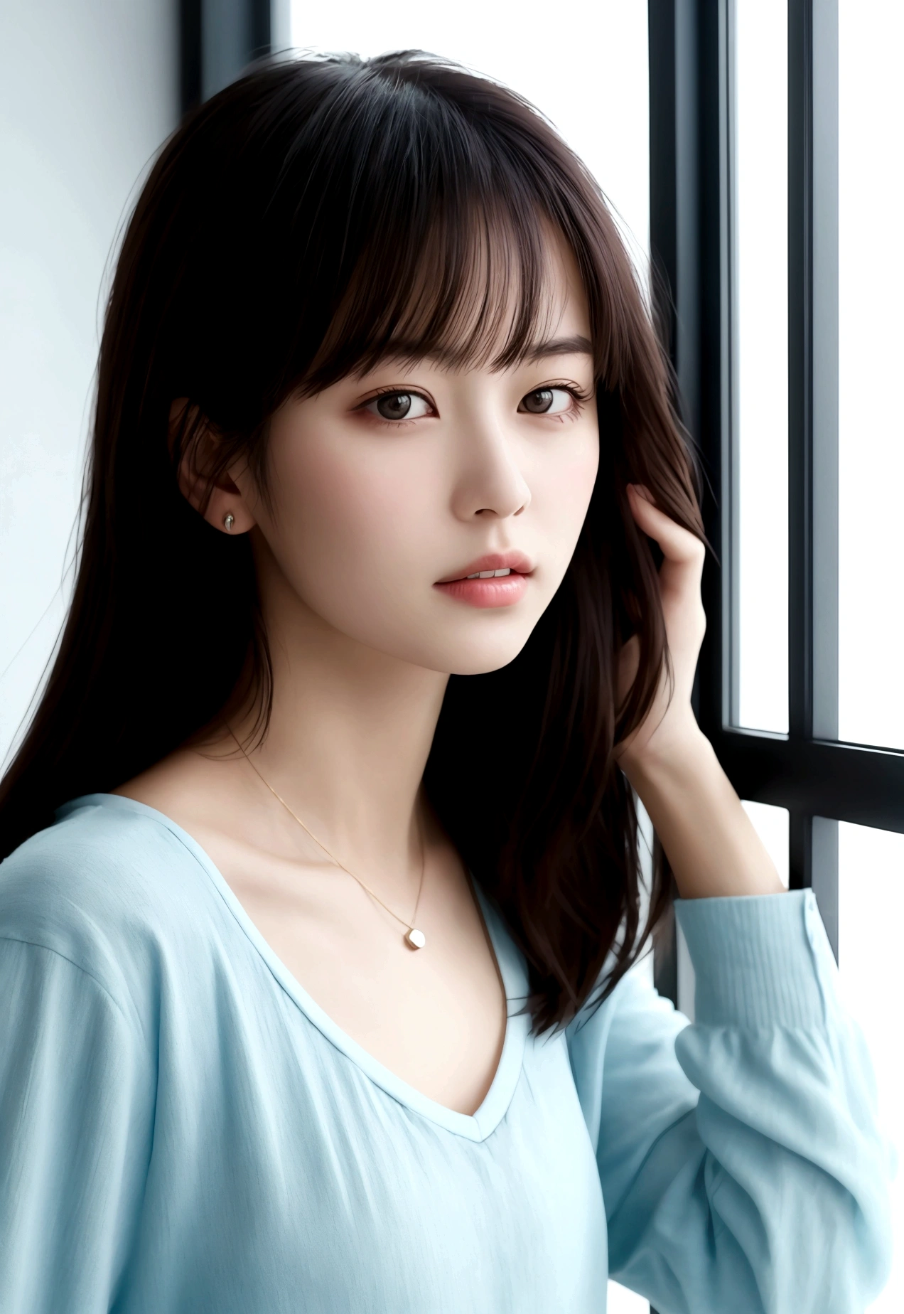 (best quality), (masterpiece), an 8K, 32K image of a beautiful Japanese woman with medium, shoulder-length hair. The image should focus on her upper body and have a surface focus. She should be wearing a long sleeve shirt and a necklace, with a white simple background. The photo should be taken from above, using a mix of 4 different shots. The image should be in 8K, with raw photo quality and should be a masterpiece. It should be realistic and photorealistic, with a weight of 1.37 for photorealism. There should be one girl in the image, shot in natural light with photon mapping and physically based rendering. The overall style should be girly, with excellent image quality and high resolution of 1080P. The girl's face should be clean and the hands should be described in detail, including the masseter muscle part. The CG details should be rich and the image should have extreme light and shadow. The girl's hair should look dirty and the image should be a masterpiece with rich details and exquisite features. The eye should also be detailed and the clavicle should be delicate. The girl should be in versatile poses and should not be looking at the camera. The image should be taken in profile, against a white wall or in front of a white door, in a room with a window. The girl should be wearing spring clothes.