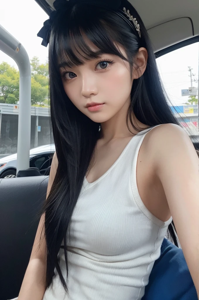 25-year-old female,Black Hair,Asian,Korean style long hair,Headband,Long Bangs,Blue Eyes,Dark Skin,Riders,Selfie