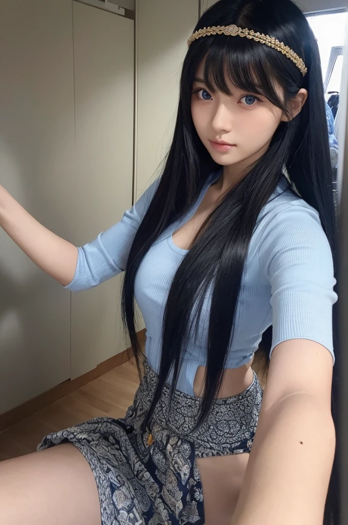 25-year-old female,Black Hair,Asian,Korean style long hair,Headband,Long Bangs,Blue Eyes,Dark Skin,Riders,Selfie