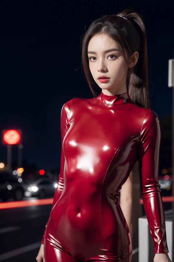 Beautiful light,Perfect Lightning,Realistic shadows,((high resolution)),(Smooth and flawless fair skin1.5),(Pale skin1.3),(Extremely fine facial details1.2),(Perfect body 1.1),(Extremely detailed),,(Short ponytail1.2),,(Delicate makeup1.2),(Big Breasts 1.2),(Flat chest 1.2),((Slim,Thin)),(Serious 1.2),(Angry 1.2),(Red latex full body suit 1.3),(Night view 1.5),(Outdoor 1.2),(On the street 1.3),(Cityscape 1.3),,(Upper body 1.2),(From the front 1.2)