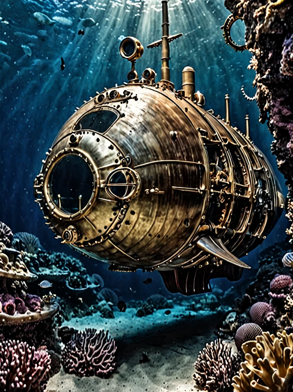 A photo focus on a nautilus submarine, BugattiAI submarine, the surface of the ocean, ocean, realistic scenery, steampunk nautilus-style, very wide shot, character photo portrait, film, professional, cinematic lighting, volumetric fog, dramatic shadows, highly detailed, intricate details, seamless blending, photorealistic, hyper-realistic, cinematic composition, masterpiece, award winning photography, 8k, octane render, unreal engine, dynamic angles, epic scale, dramatic atmosphere, moody tones, rich colors, stunning visuals