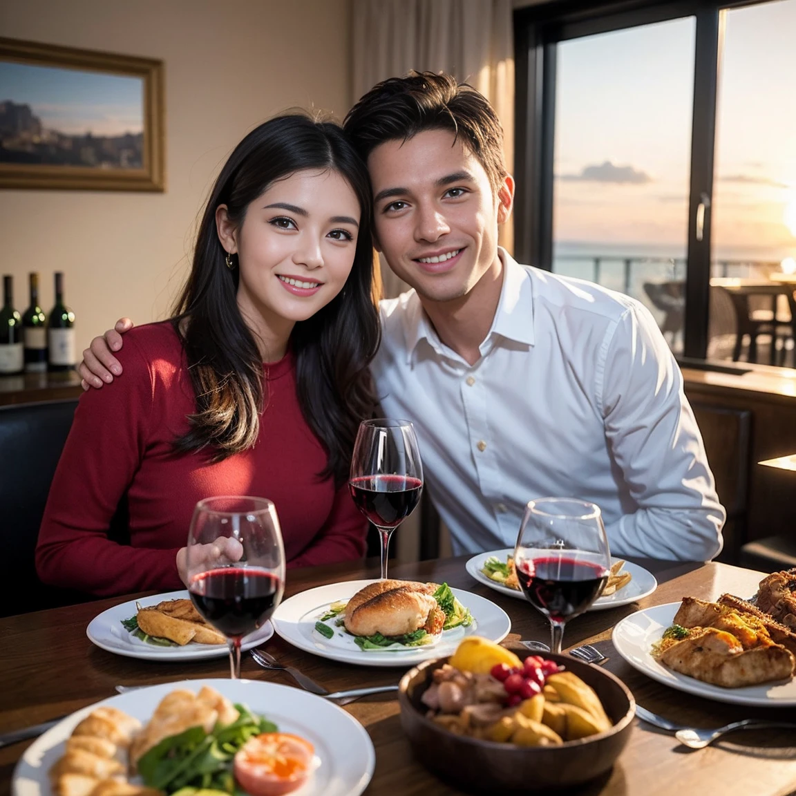 ((Highest quality、8K、masterpiece:1.3))、 (Ultra-realistic、 Genuine、Bright image、Intricate details:1.2), 最高のsmile、Wine 、1 male 1 female、Beautiful couple、love love love、lover、model、actress couple、smile、Full-course dinner at a packed table、 (Slim face), (the body is slim), (Brown Hair), (short hair), テーブルのwine glass、Please shine a light on my face、 Amazing view of the sunset sky and clouds、9 yea wine 、Appetizers、Wine bottle、sparkling wine、Long sleeve shirt、dress、White wine, red wine, wine glass,