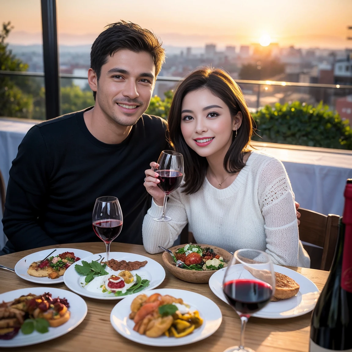 ((Highest quality、8K、masterpiece:1.3))、 (Ultra-realistic、 Genuine、Bright image、Intricate details:1.2), 最高のsmile、Wine Party、1 male 1 female、Beautiful couple、love love love、lover、model、actress couple、smile、Full-course dinner at a packed table、 (Slim face), (the body is slim), (Brown Hair), (short hair), テーブルのwine glass、Please shine a light on my face、 Amazing view of the sunset sky and clouds、, red wine 、Appetizers、Wine bottle、sparkling wine、Long sleeve shirt、dress、White wine, red wine, wine glass, 