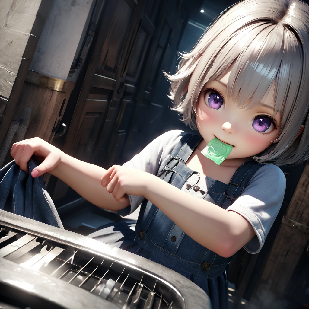 masterpiece, Highest quality, Very detailed, High resolution, An expensive solution, High resolution, 4K, 8K, ユニティ 8K 壁紙, Very detailed CG, masterpiece, Realistic, 2D, 3d, Beautiful details, depth, Fine texture, Super quality: 1.3, Fully focused, Crispy.skin, .he, Very cute anime girl about , Expensive silver short hair, Girl about 3 years oldetty blue dress, expensive, blush, Mole, Part your lips, hair ornaments, heart, Purple eyes、Hold a condom in your mouth、A defiant smile、Lifting her skirt, a dark alley、Sit on the air conditioner's outdoor unit