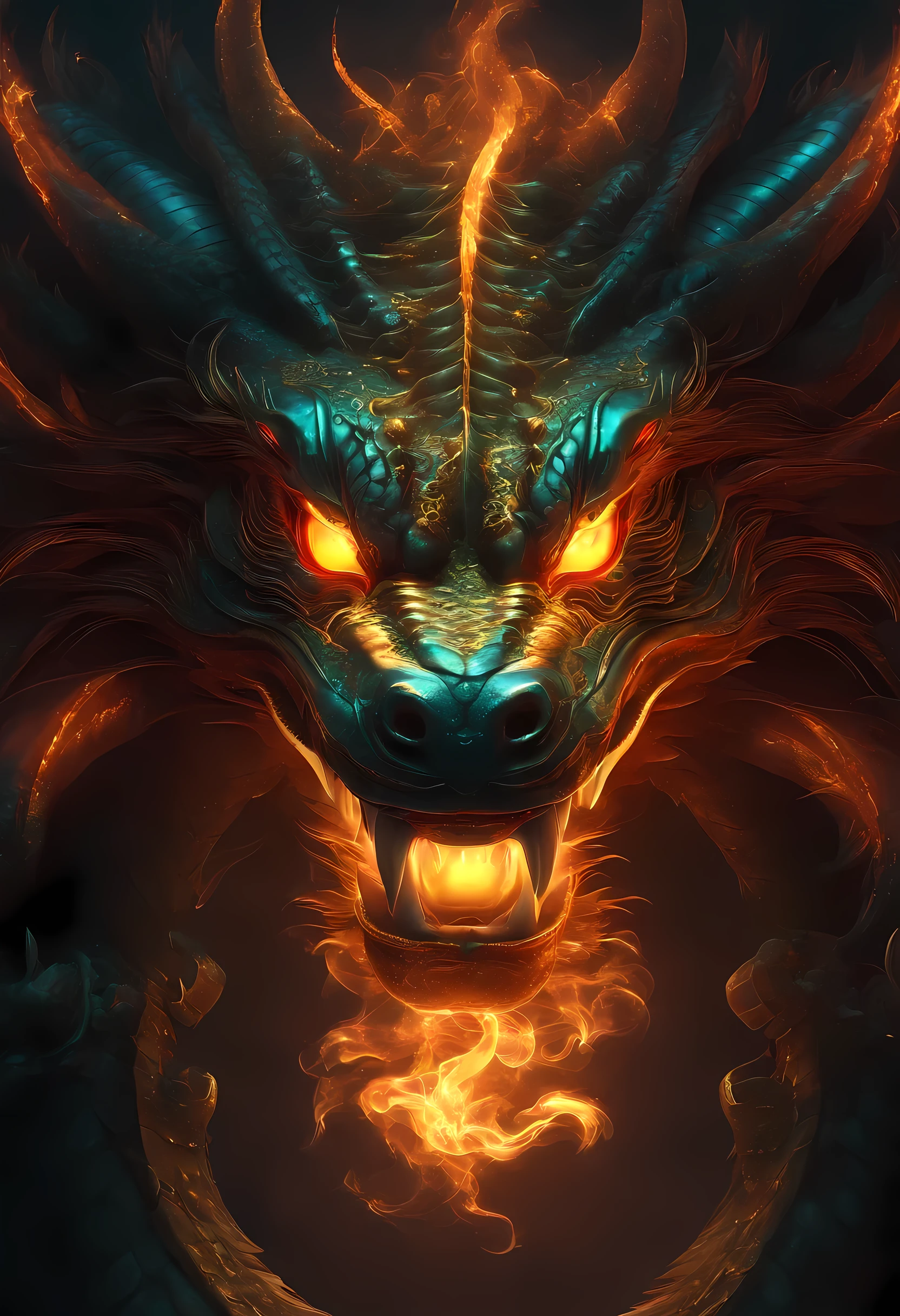 Chinese Dragon, glowing light eyes, biomechanical, eery, nightmarish, Very bright colors, light Particle, with light glowing, Musif, Wallpaper Art, UHD Wallpapers ,