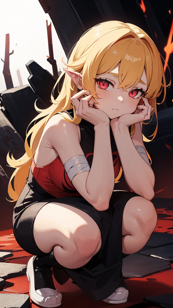 Portrait of a fascinated demon girl, red glowing eyes, blonde windy hair, crouching, hands on face. Darkness background, torn bandage 