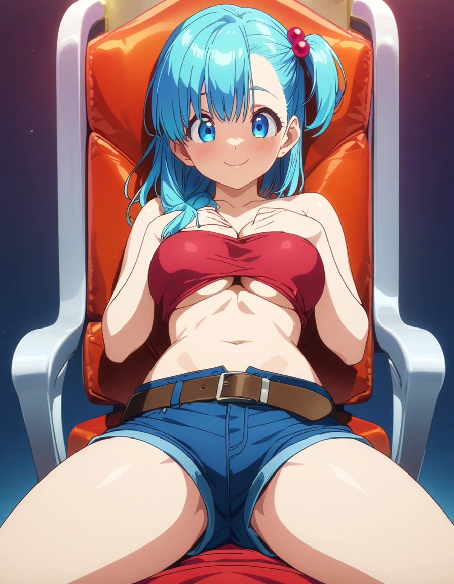 score_9, score_8_up, score_7_up, BREAK from front:1 ,,(girl sit on chair,on your back,),, in ,,1girl,bulma, blue eyes, blue hair, shoulders, belt, , hair bobbles, hair ornament, hair over shoulder,medium ,midriff, navel, one side up, red tube top, shorts, side ponytail, (strapless, tube top,under_:1),looking at viewer, expression,smile,masterpiece, best quality,  detailed body, highly detailed, anime coloring.anime,[anime_screencap:0.8] , highly detailed,