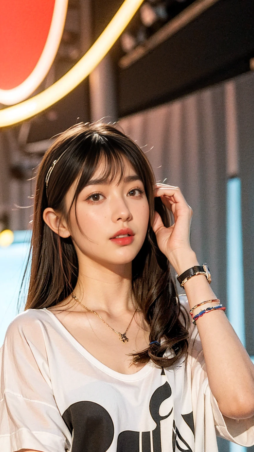 ((top-quality))、(masterpiece:1.4)、Raw photography、8K、((Top image quality))、 ((hight resolution)),Beautiful face in every detail、Realistic human skin、Gentle expression、(One lady:1.3 )、realisitic、Photoreal sit extra ((medium hair:1.3))、(Cute hairstyle)、(Beautuful Women)、(She looks like a cute Japanese girl:1.3)、(mannish)、((Pretty Woman))、(Beautiful hair)、((dark brown hair))、(((Red cheeks)))、(Her eyes are big:1.3)、20-year-old beauty、(her face is small:1.3 )、small head、((long neck))、pale skin、Spot-free skin、With bangs、Everyone longs for、japanese beautiful woman、((eight heads high))、(a necklace)、(music festival:1.4)、((Outdoor stage))、singers、(Concert T-shirt)、smil、(Oversized clothes:1.3)、Happy look、(On stage:1.3)、Stand Microphone、wristbands、A bracelet、((young woman admires her))、Charismatic model、she has many fans、rock band、(I can see the sky)