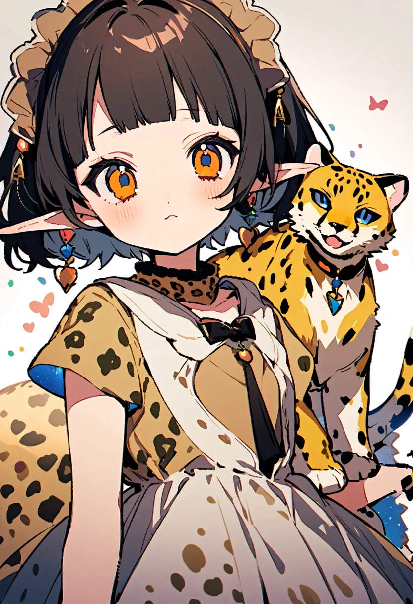 masterpiece, Highest quality, Illustration of the novel, High resolution, 18+ Adult content, Sensual, Intimate, Emotional, Passionate, romantic, sweet, Adorable, Innocent, Pure, Charmな, Charmな, Charm, mysterious, Charmな, Charmな, Immersive, Charmな, dream-like, Surreal, Imaginative, Whimsical, Artistic, Avant-garde, timeless, elegant, Sophisticated, chic, Sophisticated, personality, original, Charmな,(( Elf:1.3)),((A Cheetah/A cheetah/Cheetah Dress:1.3))、Upper Body、(Little)