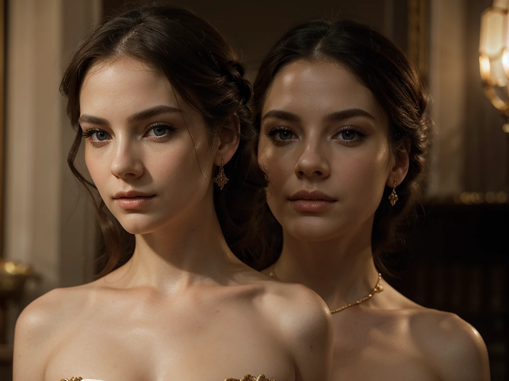 A chiaroscuro portrait of a woman, beautiful detailed eyes, beautiful detailed lips, extremely detailed eyes and face, long eyelashes, porcelain skin, elegant hairstyle, intricate jewelry, dramatic lighting, Renaissance style, dramatic shadows, warm golden tones, dramatic chiaroscuro lighting, ultra-detailed, 8k, photorealistic, masterpiece, cinematic, dramatic atmosphere, elegant and regal