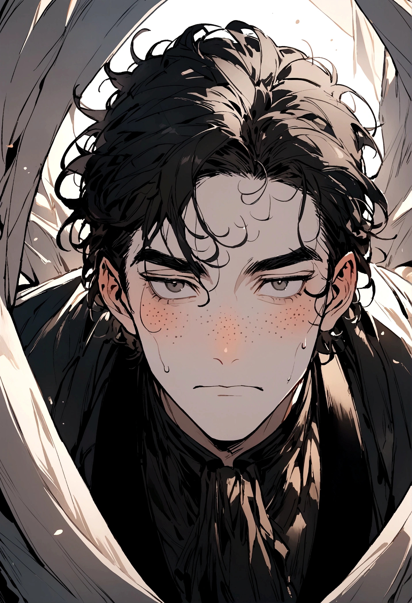 A handsome man with black freckled cheeks and wavy black hair with clear black eyes