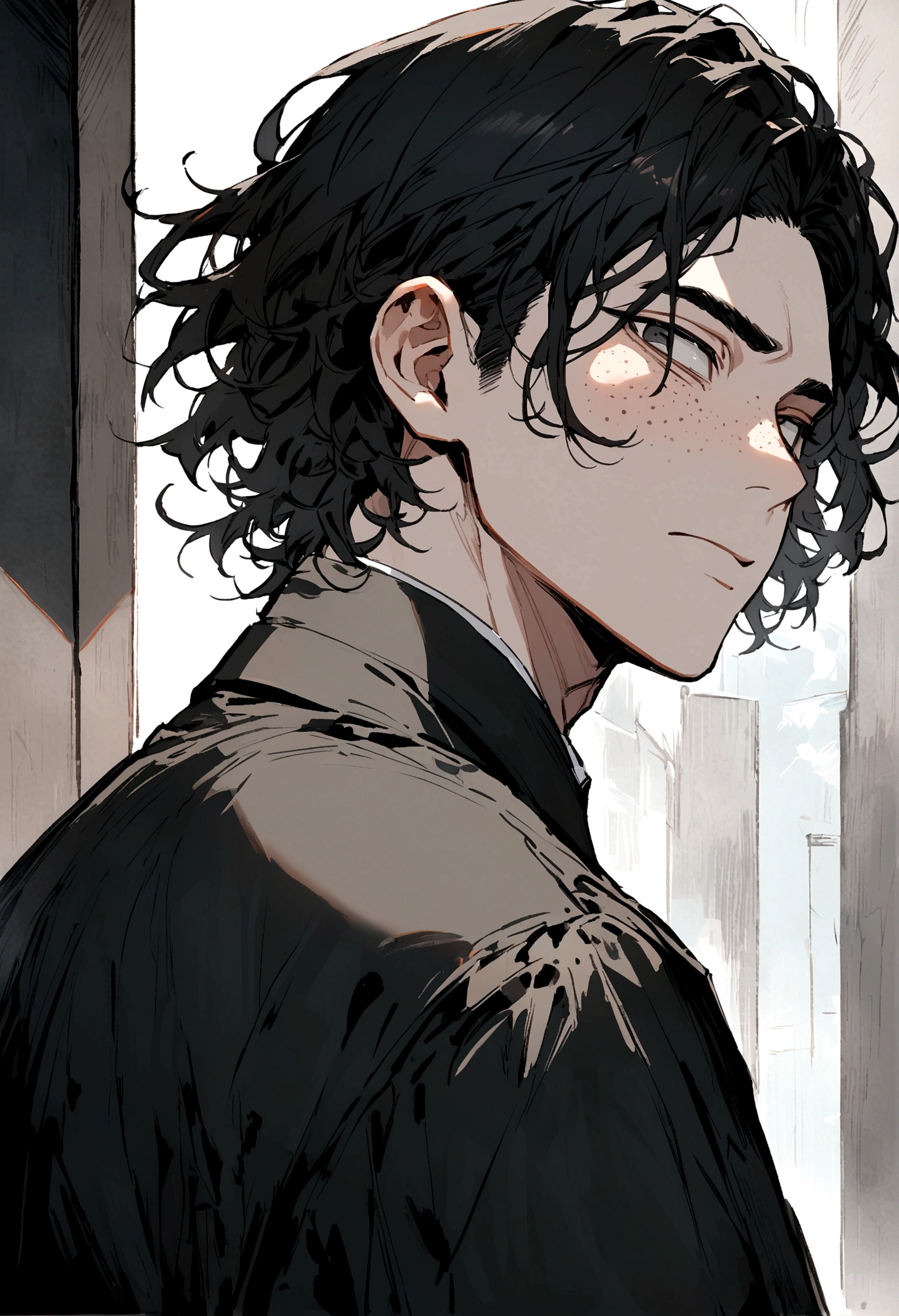 A handsome man with black freckled cheeks and wavy black hair with clear black eyes