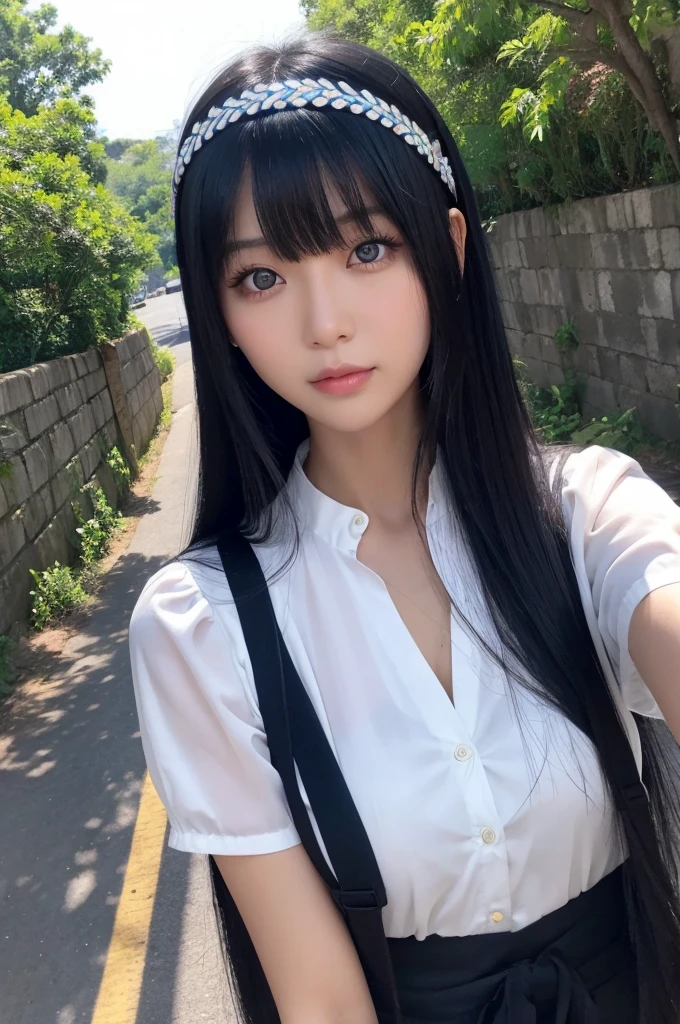 30-year-old woman,Black Hair,Asian,Korean style long hair,Headband,Long Bangs,Blue Eyes,Dark Skin,Riders,Selfie
