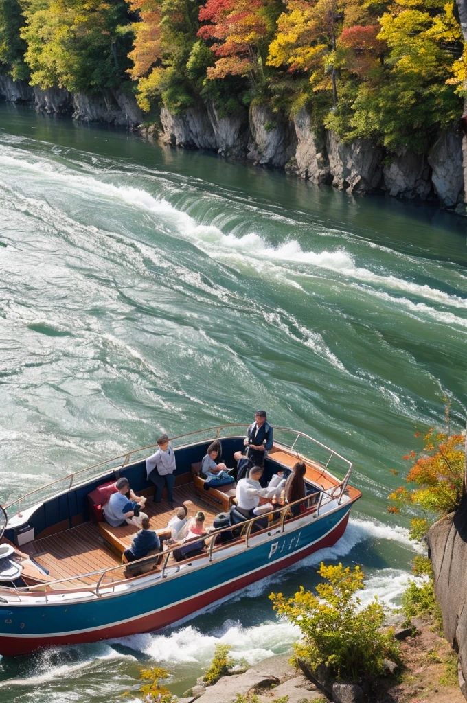 sink boat, some people drowning, Hozugawa River Cruise, teeth, This is a tourist activity where you can enjoy the beautiful scenery dotted with rapids and huge rocks, autum, Momiji, Close-up, Splash, 