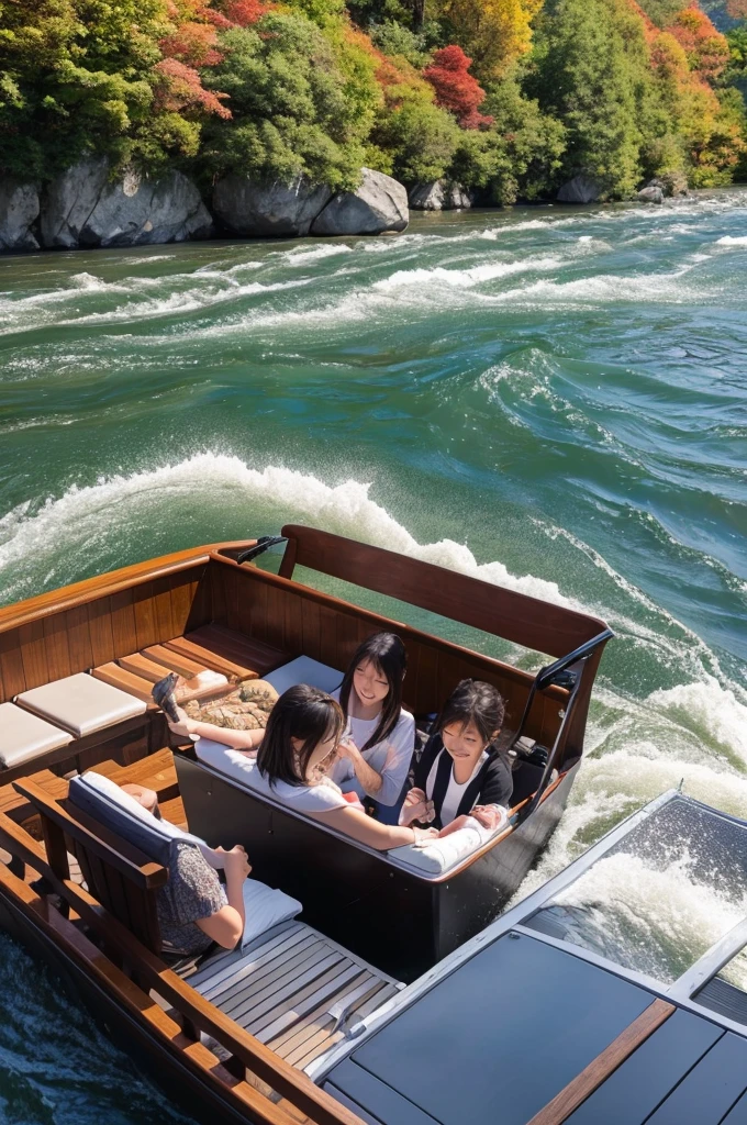 sink boat, some people drowning, Hozugawa River Cruise, teeth, This is a tourist activity where you can enjoy the beautiful scenery dotted with rapids and huge rocks, autum, Momiji, Close-up, Splash, 