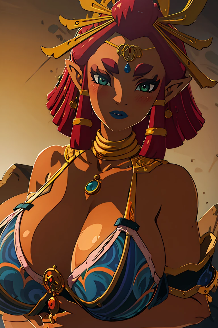 best quality, high resolution, large breasts, red hair, blush, embarrassed, cowboy shot, looking at viewer, Riju, blue lip, (((lingerie))), (((off shoulders))), (((gigantic breasts)))