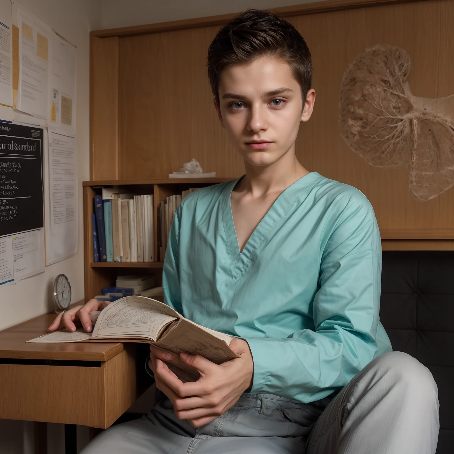 A beautiful young male twink, cute, with black hair and a face with makeup, wearing a bright white long-sleeved shirt and aqua blue pants, and he is in his office, and behind him is a blackboard on which is written the shape of the brain and its anatomy, and nuclear energy comes out of it, and he has a face with makeup and and. His eyes have dark circles under them while he is sitting, looking innocent, with a beautiful face with makeup and a neuroscience book in his hand