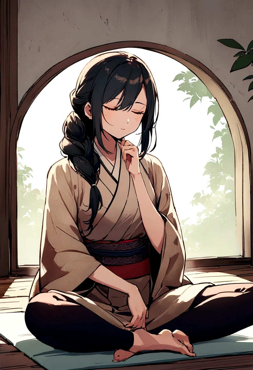 A young female character is practicing yoga in a serene, meditative pose. She is seated in the lotus position (Padmasana) with her legs crossed and her hands resting on her knees, fingers forming the Gyan mudra. Her eyes are gently closed, and she has a peaceful expression on her face, indicating deep focus and relaxation.
She is dressed in stylish, fitted yoga pants and a comfortable top, both designed for flexibility and ease of movement. Over her outfit, she wears an elegant silk kimono, which drapes gracefully around her shoulders and flows softly to the sides. The kimono features intricate, delicate patterns that add a touch of sophistication to her look.
The background is a rustic, artistic setting with a textured, slightly worn concrete wall that enhances the natural, tranquil atmosphere. She sits on a dark, possibly wooden floor, with a yoga mat beneath her for comfort. The overall mood of the illustration is calm and introspective, capturing a moment of serene mindfulness.