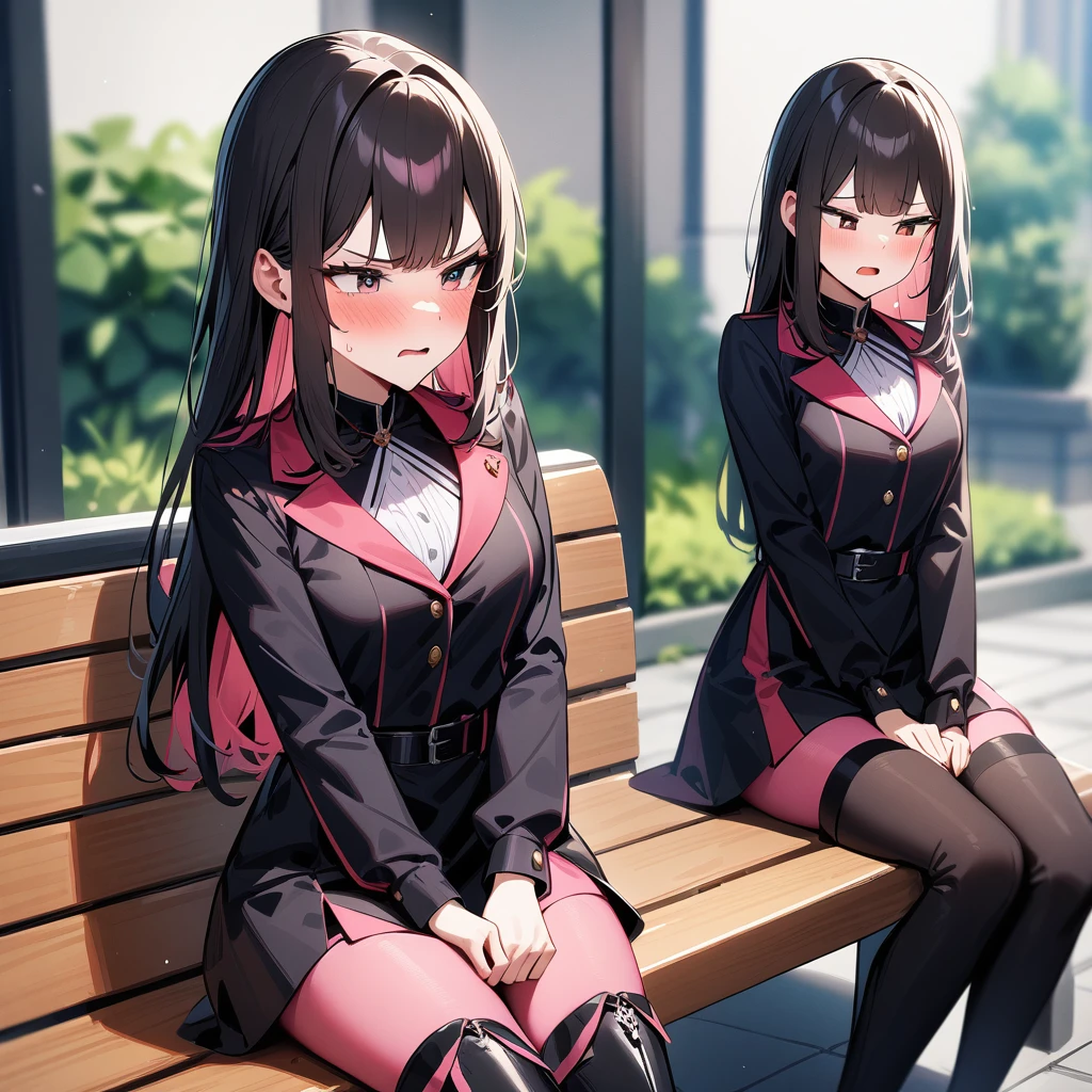 beautiful woman, pink tights, black thigh high boots, beautiful outfit, she is desperate to pee, hands on her crotch, sitting in a class on the same bench another girl giggleing at her, annoyed ,embarrassed , best quality, both looking straight