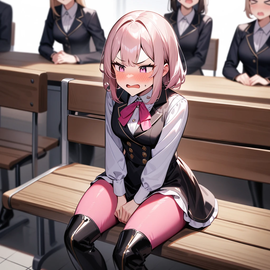  girl having sex),Girl  with pink hair, long twintail hairstyle, ((small bushy eyebrows)), wearing gothic lolita clothing, lolicon , walking to school, flirty smile,, walking to school, bored look, bored face,, (sitting with legs open lifting her skirt to show her vagina wet with semen), (1 boy having sex with the girl, scaried young boy) naked boy about to have sex , boy ready to penetrate her pussy, boy about to penetrate her, boy with erected penis, looking from below
