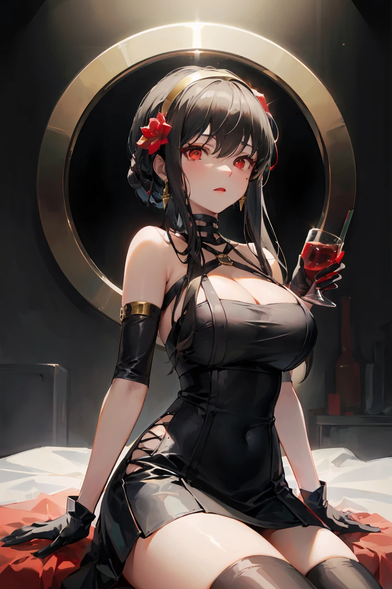 Ajof, side locks, golden hairband, hair adornments, ((Red eyes:1.5)), gold earring, Large breasts,((black hair:1.5)), 1girl, alternate costume, armlet, bare shoulders, black background, black dress, black gloves, black thighhighs, large breasts, cleavage, criss-cross halter,  dress, drinking glass, flower, gloves, gradient background, halterneck,  large breasts,looking at viewer, purple short nails, see-through gloves, solo, thighhighs, thighs, long hair, ((masterpiece)) pleated purple skirt, sitting,