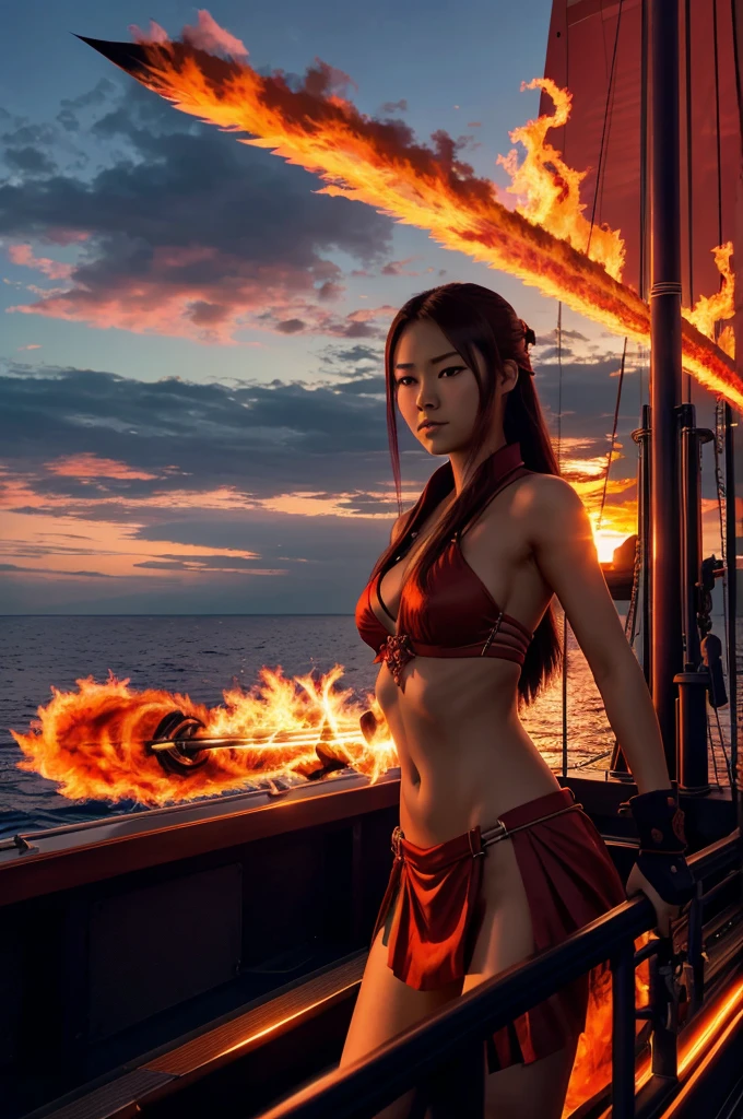 Kaida "Blaze" Hikari standing proudly on the deck of her ship, the Crimson Phoenix, with flames swirling around her and her katana drawn. The background is a fiery sunset, symbolizing her fiery spirit and determination to conquer the seas in anime version