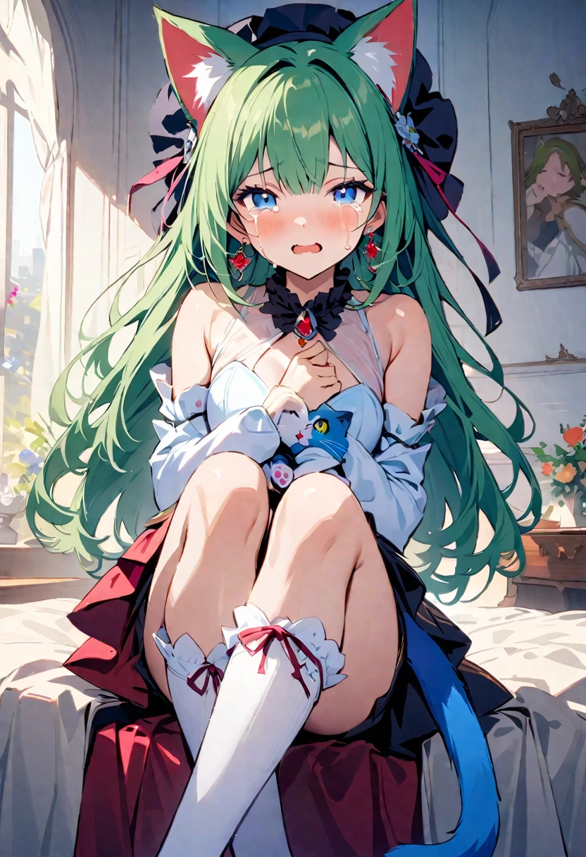 masterpiece, Highest quality, Illustrations for novels, High resolution,  , Sensual, Intimate, Emotional, Passionate, romantic, sweet, Adorable, Innocent, Pure, Enchanting, Enchantingな, attractive, mysterious, Enchantingな, Enchanting, Immersive, Enchantingな, dream-like, Surreal, Imaginative, Whimsical, Artistic, Avant-garde, timeless, elegant, Sophisticated, chic, Sophisticated, Individuality, original, Enchantingな,One girl,Deltamon_beta, alone, blue eyes, Knee socks, Animal ears,  shoulders, Blue Tail, Earrings,Removable sleeves, Green Hair, No sleeve, Cat ear, bag, white Knee socks, Cat's Tail,pink backpack,Pink school bag,Lavender lace: A Cheetah in Peter Pan color/A cheetah/Cheetah Dress, Paired with ivory tights and Mary Jane shoes.,Cherry-blossom viewing, azalea, satsuki, azalea blizzard,
rest ((Avoidance method ((kitten)), Crying face))