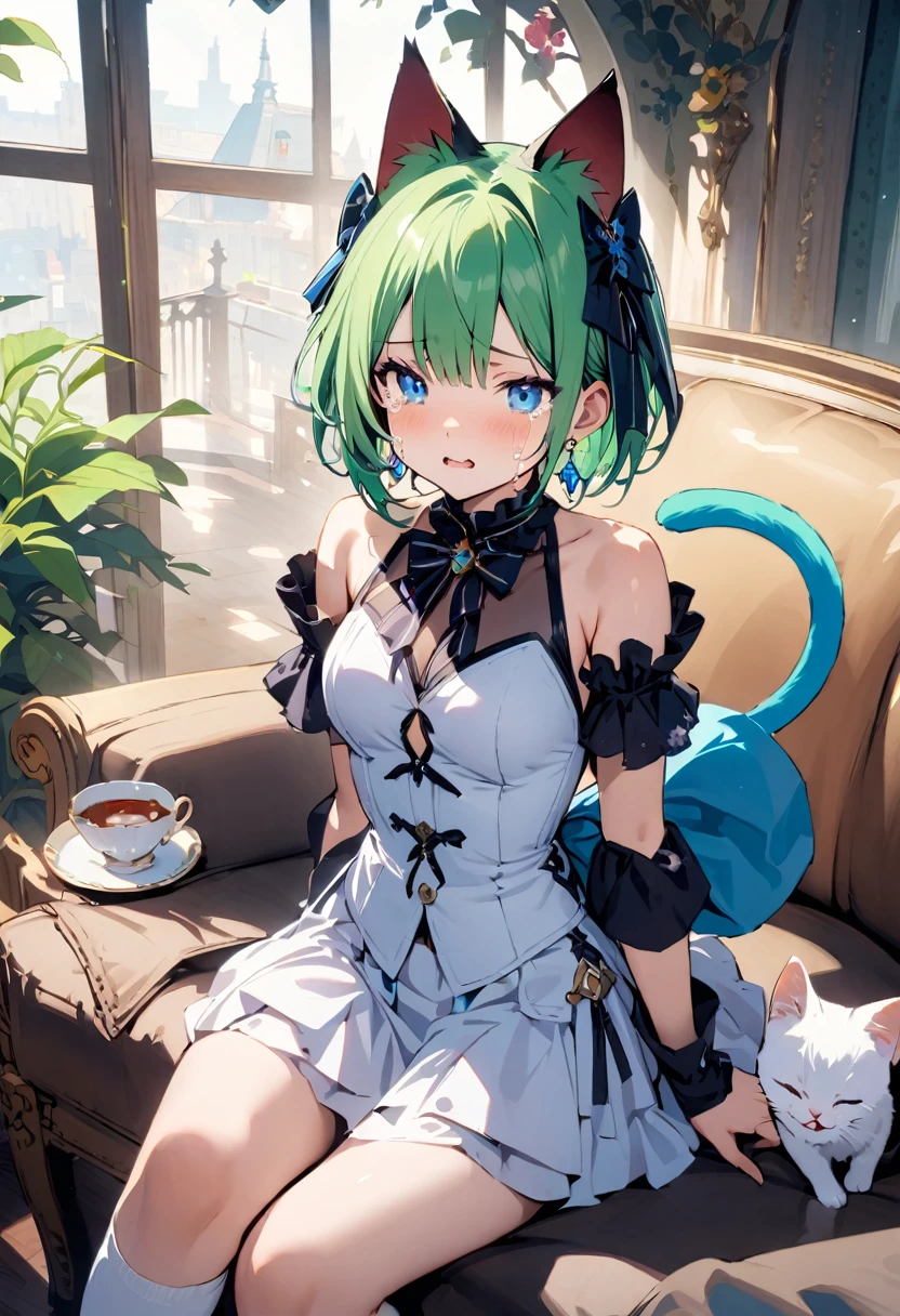 masterpiece, Highest quality, Illustrations for novels, High resolution, 18+ Adult content, Sensual, Intimate, Emotional, Passionate, romantic, sweet, Adorable, Innocent, Pure, Enchanting, Enchantingな, attractive, mysterious, Enchantingな, Enchanting, Immersive, Enchantingな, dream-like, Surreal, Imaginative, Whimsical, Artistic, Avant-garde, timeless, elegant, Sophisticated, chic, Sophisticated, Individuality, original, Enchantingな,One girl,Deltamon_beta, alone, blue eyes, Knee socks, Animal ears, Bare shoulders, Blue Tail, Earrings,Removable sleeves, Green Hair, No sleeve, Cat ear, bag, white Knee socks, Cat's Tail,pink backpack,Pink school bag,Lavender lace: A Cheetah in Peter Pan color/A cheetah/Cheetah Dress, Paired with ivory tights and Mary Jane shoes.,Cherry-blossom viewing, azalea, satsuki, azalea blizzard,
rest ((Avoidance method ((kitten)), Crying face))