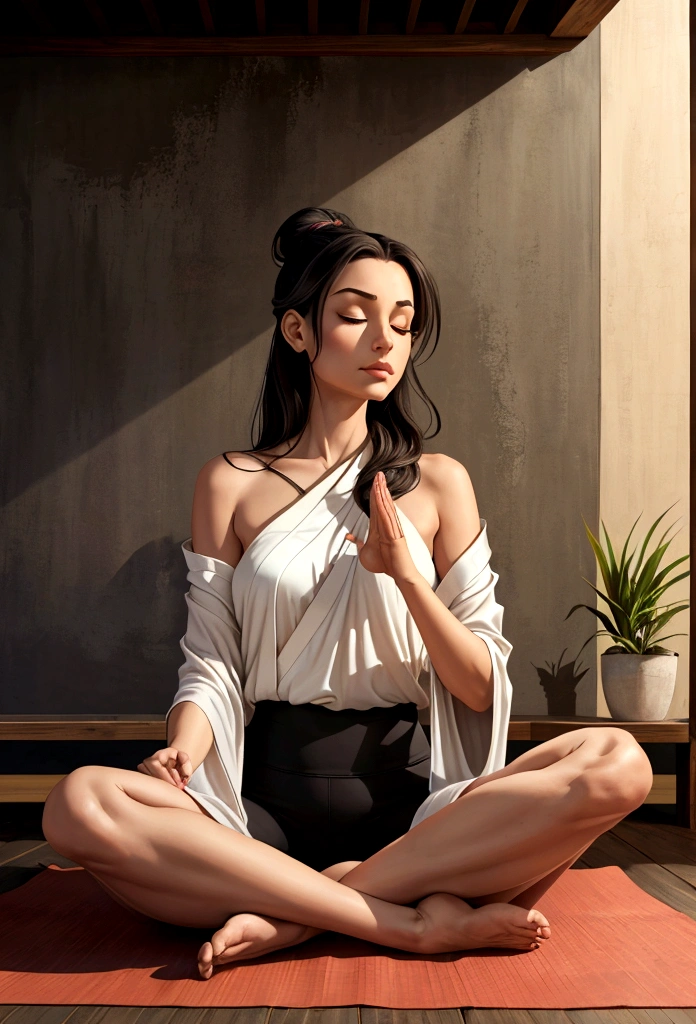 A young female character is practicing yoga in a serene, meditative pose. She is seated in the lotus position (Padmasana) with her legs crossed and her hands resting on her knees, fingers forming the Gyan mudra. Her eyes are gently closed, and she has a peaceful expression on her face, indicating deep focus and relaxation.
She is dressed in stylish, fitted yoga pants and a comfortable top, both designed for flexibility and ease of movement. Over her outfit, she wears an elegant silk kimono, which drapes gracefully around her shoulders and flows softly to the sides. The kimono features intricate, delicate patterns that add a touch of sophistication to her look.
The background is a rustic, artistic setting with a textured, slightly worn concrete wall that enhances the natural, tranquil atmosphere. She sits on a dark, possibly wooden floor, with a yoga mat beneath her for comfort. The overall mood of the illustration is calm and introspective, capturing a moment of serene mindfulness.