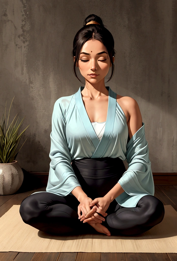A young female character is practicing yoga in a serene, meditative pose. She is seated in the lotus position (Padmasana) with her legs crossed and her hands resting on her knees, fingers forming the Gyan mudra. Her eyes are gently closed, and she has a peaceful expression on her face, indicating deep focus and relaxation.

She is dressed in stylish, fitted yoga pants and a comfortable top, both designed for flexibility and ease of movement. Over her outfit, she wears an elegant silk kimono, which drapes gracefully around her shoulders and flows softly to the sides. The kimono features intricate, delicate patterns that add a touch of sophistication to her look.

The background is a rustic, artistic setting with a textured, slightly worn concrete wall that enhances the natural, tranquil atmosphere. She sits on a dark, possibly wooden floor, with a yoga mat beneath her for comfort. The overall mood of the illustration is calm and introspective, capturing a moment of serene mindfulness.

