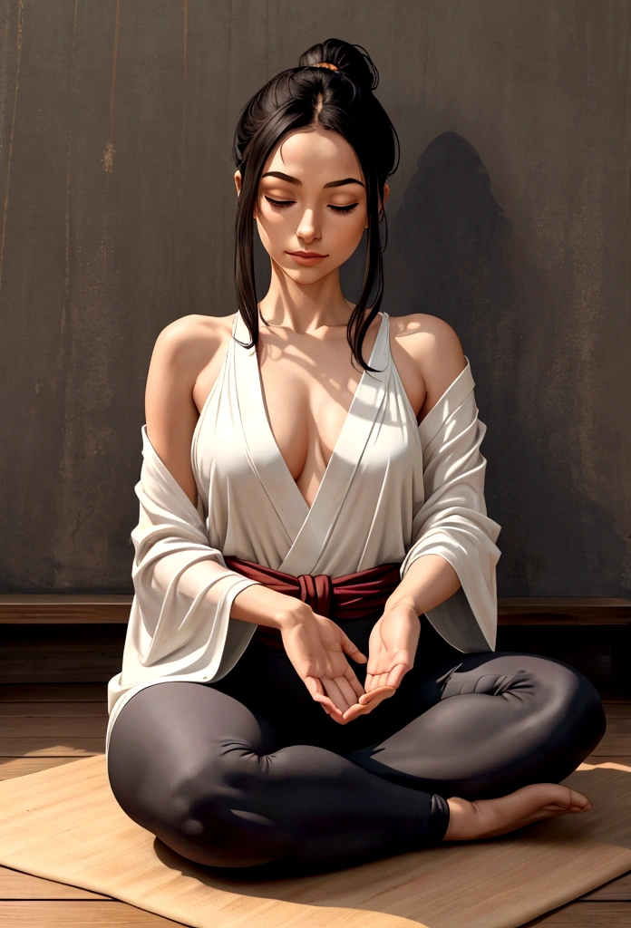A young female character is practicing yoga in a serene, meditative pose. She is seated in the lotus position (Padmasana) with her legs crossed and her hands resting on her knees, fingers forming the Gyan mudra. Her eyes are gently closed, and she has a peaceful expression on her face, indicating deep focus and relaxation.
She is dressed in stylish, fitted yoga pants and a comfortable top, both designed for flexibility and ease of movement. Over her outfit, she wears an elegant silk kimono, which drapes gracefully around her shoulders and flows softly to the sides. The kimono features intricate, delicate patterns that add a touch of sophistication to her look.
The background is a rustic, artistic setting with a textured, slightly worn concrete wall that enhances the natural, tranquil atmosphere. She sits on a dark, possibly wooden floor, with a yoga mat beneath her for comfort. The overall mood of the illustration is calm and introspective, capturing a moment of serene mindfulness.