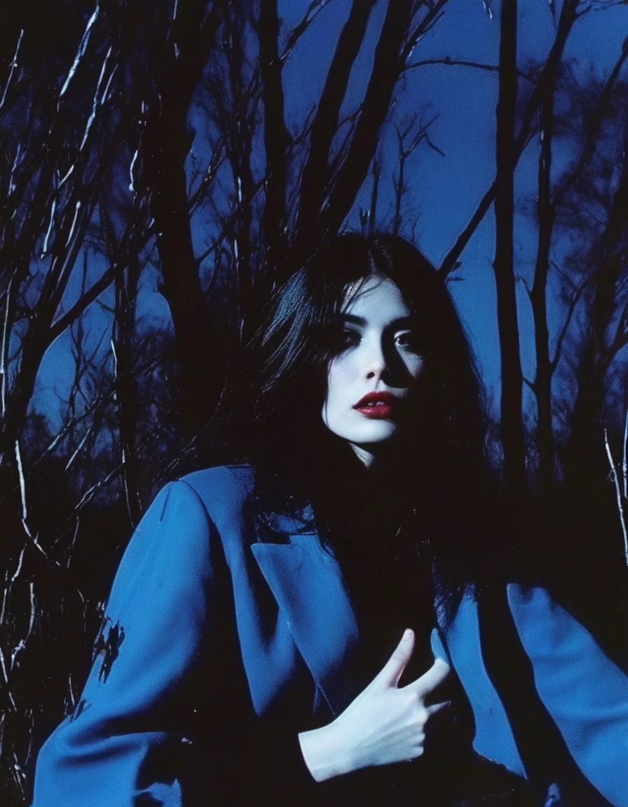 film photography, vintage, fashion photography of horror with 90s beautiful fashion model, blue night forest background