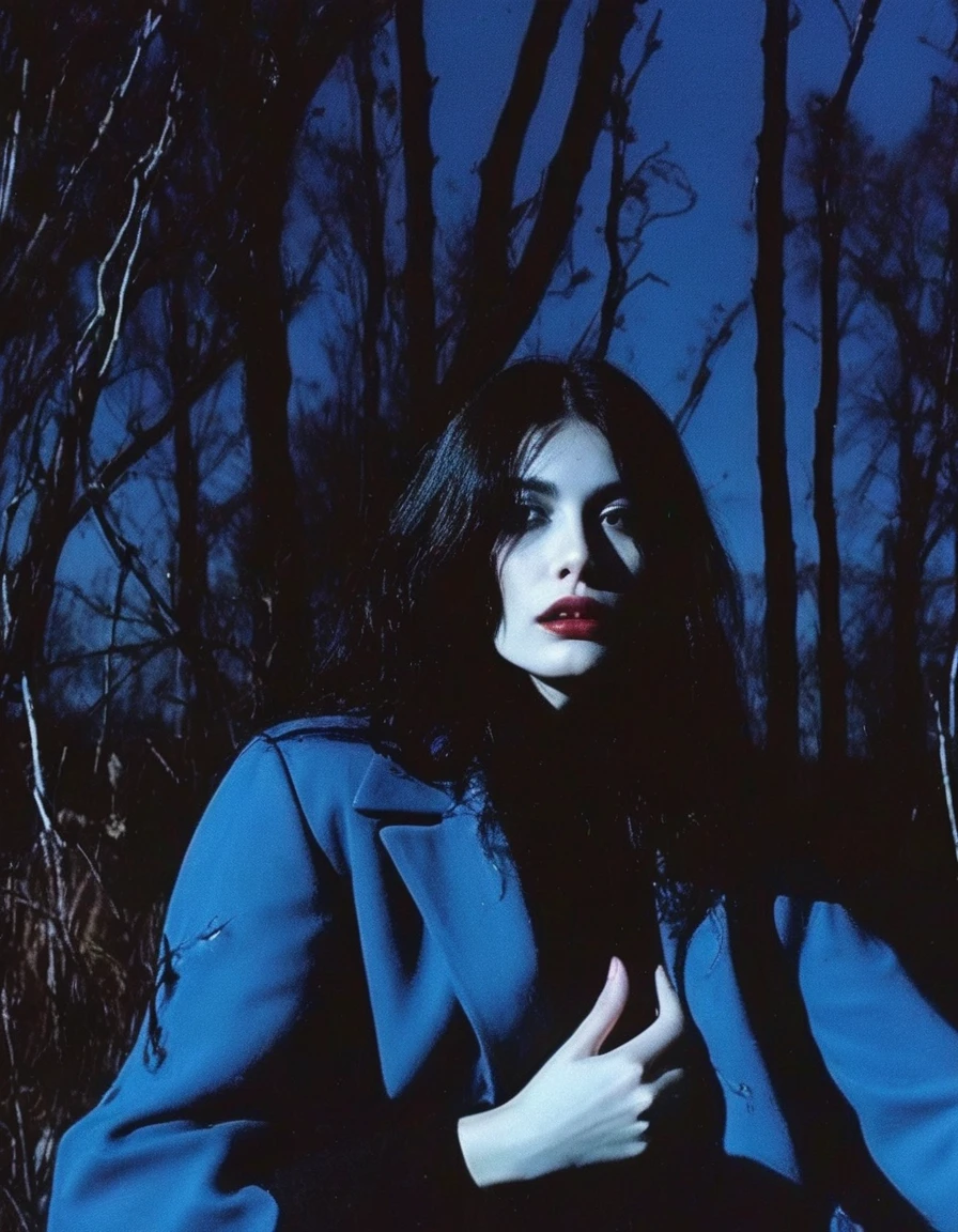 film photography, vintage, fashion photography of horror with 90s beautiful fashion model, blue night forest background