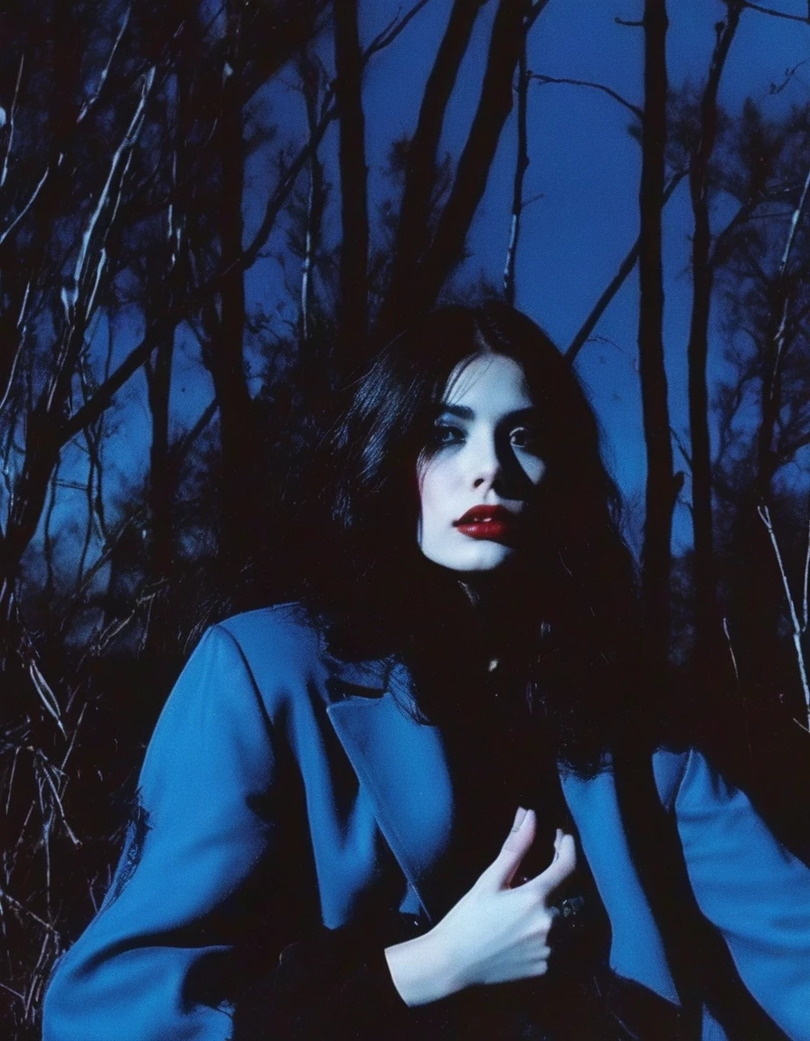 film photography, vintage, fashion photography of horror with 90s beautiful fashion model, blue night forest background