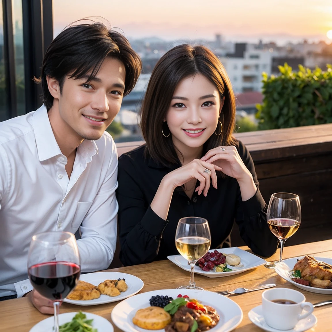 ((Highest quality、8K、masterpiece:1.3))、 (Ultra-realistic、 Genuine、Bright image、Intricate details:1.2), 最高のsmile、1 male、1 female、Beautiful couple、love love love、A lover who resembles Miki Nakatani、Good friends、actress couple、smile、Full-course dinner at a packed table、 (Slim face), (the body is slim), (Brown Hair), (short hair), テーブルのwine glass、Please shine a light on my face、 Amazing view of the sunset sky and clouds、 39 years old, red wine 、Appetizers、Wine bottle、sparkling wine、Long sleeve shirt、dress、White wine, red wine, wine glass, 