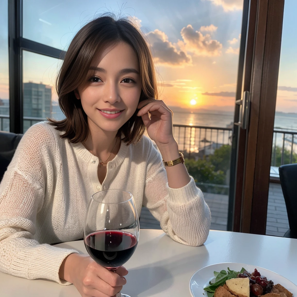 ((Highest quality、8K、masterpiece:1.3))、 (Ultra-realistic、 Genuine、Bright image、Intricate details:1.2), 最高のsmile、1 male、1 female、Beautiful couple、love love love、A lover who resembles Miki Nakatani、Good friends、actress couple、smile、Full-course dinner at a packed table、 (Slim face), (the body is slim), (Brown Hair), (short hair), テーブルのwine glass、Please shine a light on my face、 Amazing view of the sunset sky and clouds、 39 years old, red wine 、Appetizers、Wine bottle、sparkling wine、Long sleeve shirt、dress、White wine, red wine, wine glass,